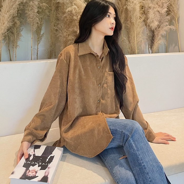 Áo Sơ Mi Nhung Tăm Tay Dài Nam Nữ Madela Trẻ Trung Năng Động, Sơ Mi Nhung Tăm Phong Cách Hàn Quốc