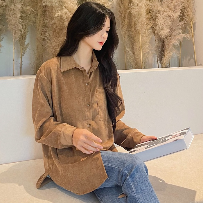 Áo Sơ Mi Nhung Tăm Tay Dài Nam Nữ Madela Trẻ Trung Năng Động, Sơ Mi Nhung Tăm Phong Cách Hàn Quốc