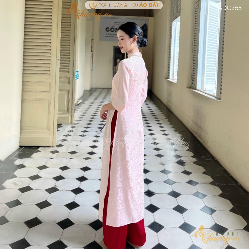 Áo dài cách tân nữ gấm tơ hồng dáng suông xưa Chaang may sẵn áo dài xuông rộng bà bầu dự tiệc cưới lễ tết đẹp ADC755
