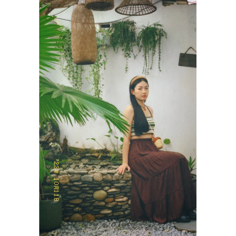 Chân Váy Vintage Maxi Dài Xoè Rộng Nhiều Tầng Phối Ren Lưng Thun