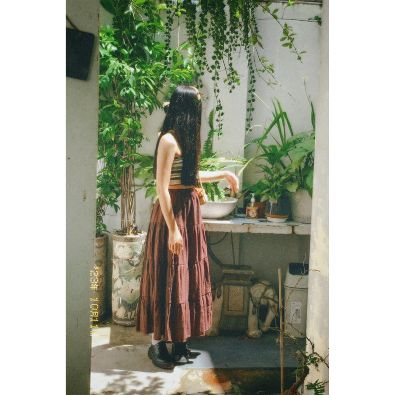 Chân Váy Vintage Maxi Dài Xoè Rộng Nhiều Tầng Phối Ren Lưng Thun