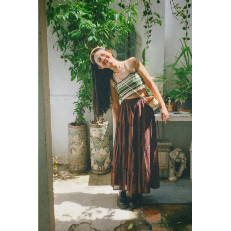 Chân Váy Vintage Maxi Dài Xoè Rộng Nhiều Tầng Phối Ren Lưng Thun