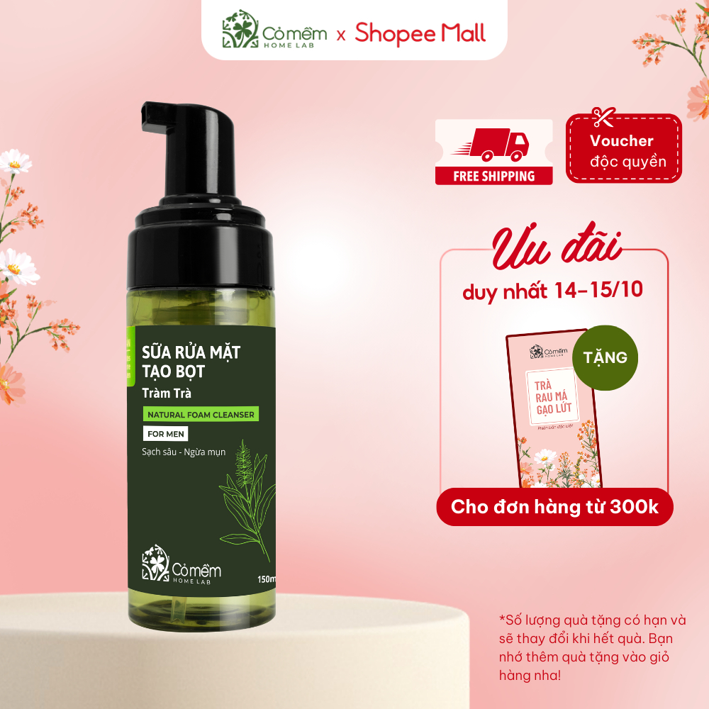 Sữa Rửa Mặt Tạo Bọt Tràm Trà Cho Nam Sạch Sâu Chuẩn Men Kiềm Dầu Giảm Mụn Cỏ Mềm 150ml