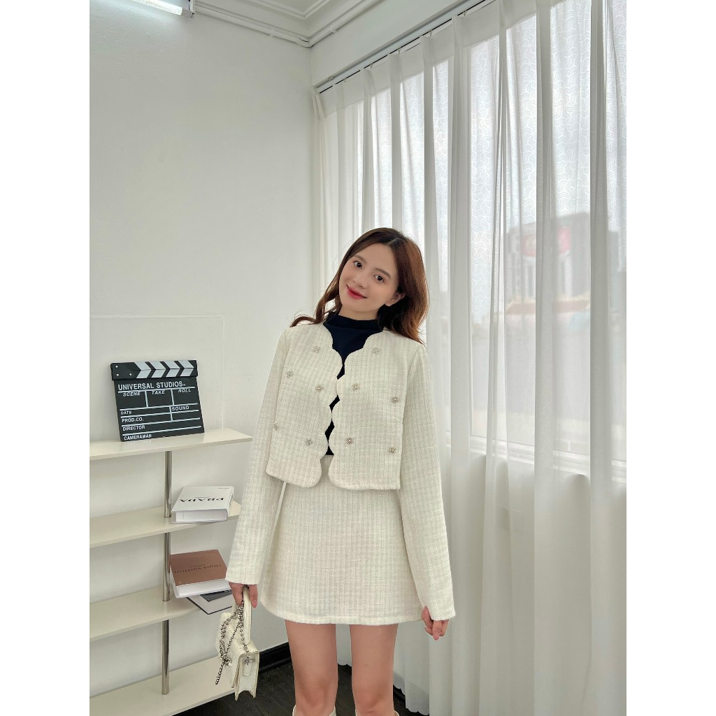 Set áo dạ viền sóng đính đá kèm chân váy chữ A phong cách thời trang nữ Heppy - Setda204_P2K10