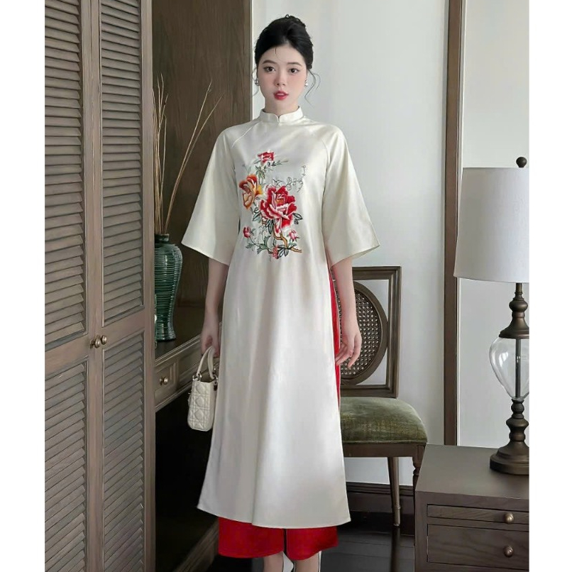 Áo Dài Truyền Thống Dài May Sẵn Mềm Mại Tà Bay Duyên Dáng