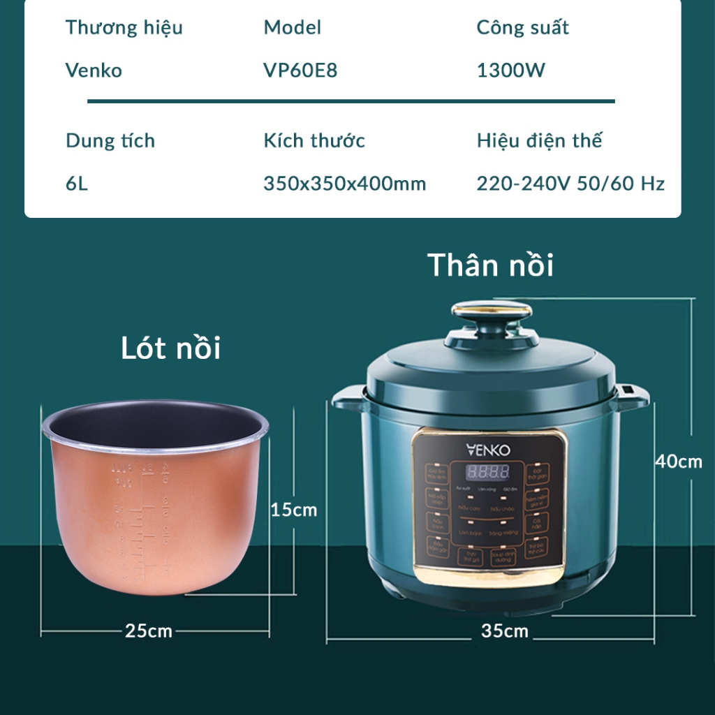 Nồi Điện Đa Năng Venko 6L, Van Xả Tự Động, 14 Chức Năng, Lòng Nồi Chống Dính, Nồi Áp Suất, Nấu Cháo, Bảo Hành 12 Tháng