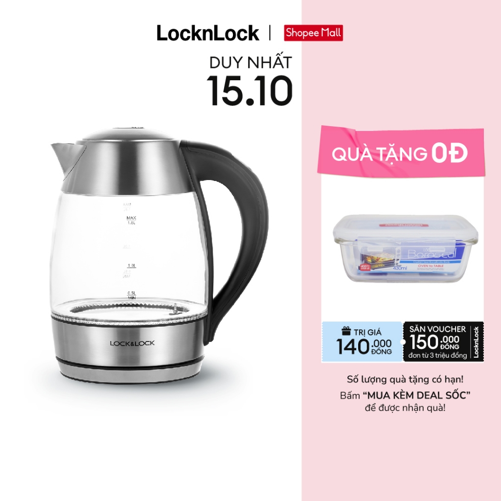 Ấm đun nước dùng điện bằng thủy tinh, thương hiệu Lock&Lock EJK341 1.8L