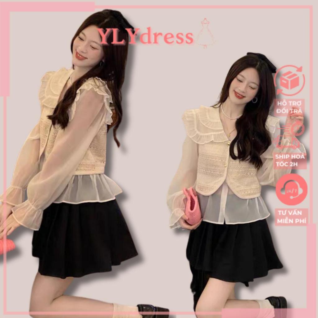 Áo sơ mi voan dài tay bồng be phối gile len YLY sơ mi chiffon cổ bèo tay phồng mix gi-le Hàn Quốc C2011