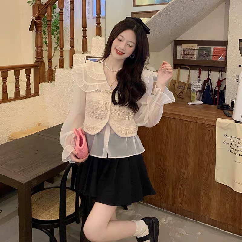 Áo sơ mi voan dài tay bồng be phối gile len YLY sơ mi chiffon cổ bèo tay phồng mix gi-le Hàn Quốc C2011