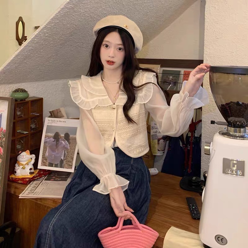 Áo sơ mi voan dài tay bồng be phối gile len YLY sơ mi chiffon cổ bèo tay phồng mix gi-le Hàn Quốc C2011