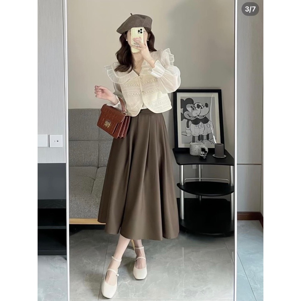 Áo sơ mi voan dài tay bồng be phối gile len YLY sơ mi chiffon cổ bèo tay phồng mix gi-le Hàn Quốc C2011