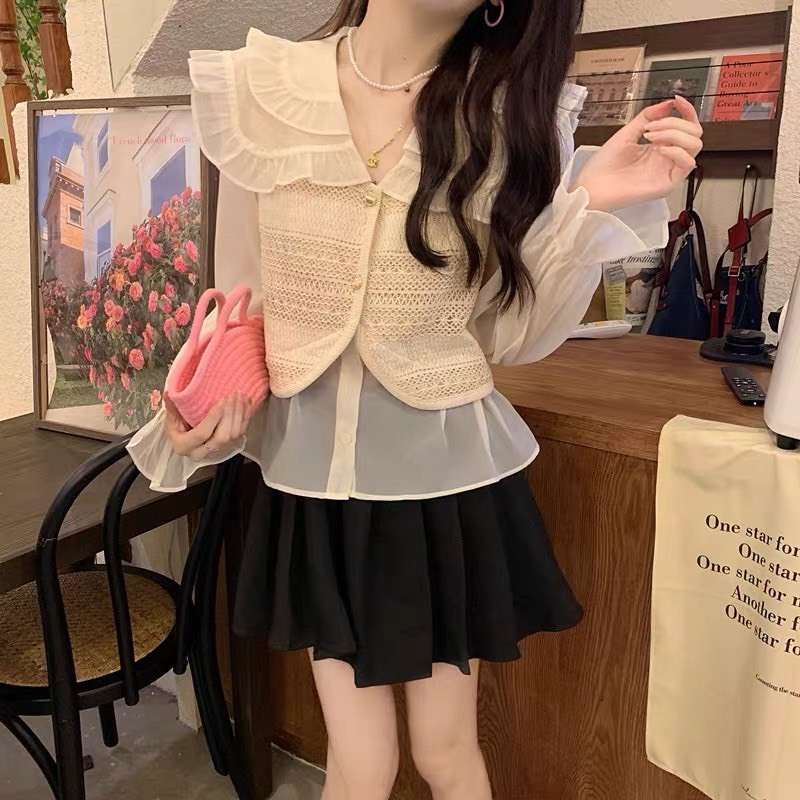 Áo sơ mi voan dài tay bồng be phối gile len YLY sơ mi chiffon cổ bèo tay phồng mix gi-le Hàn Quốc C2011