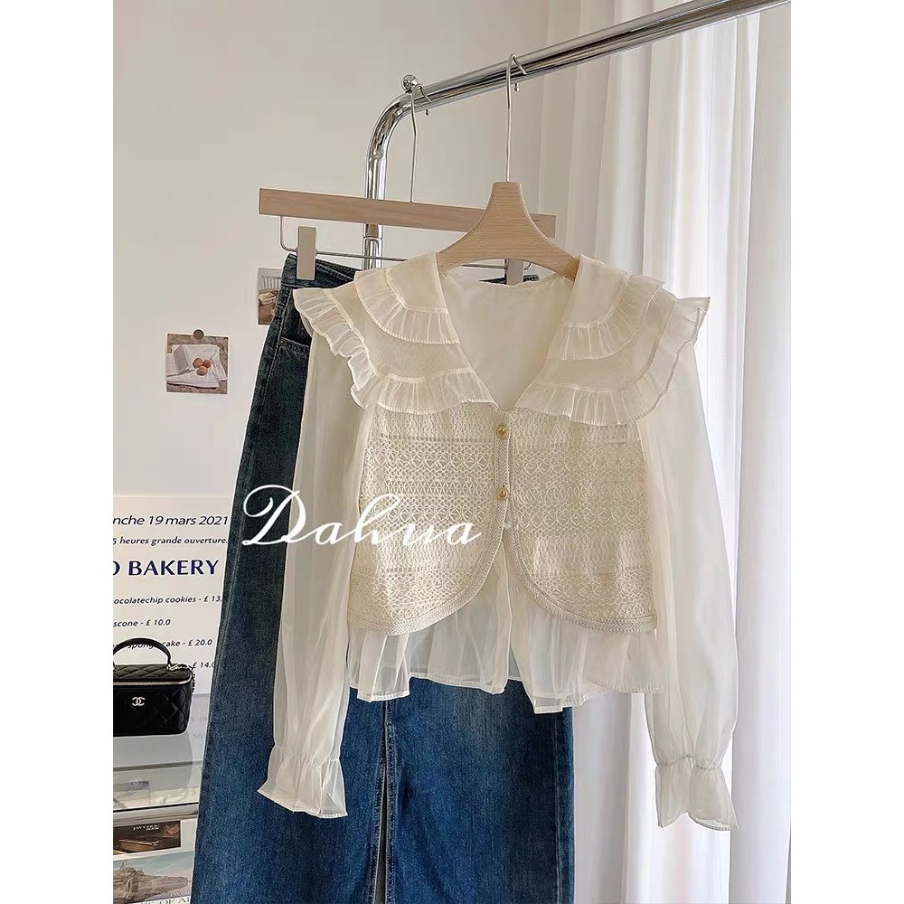 Áo sơ mi voan dài tay bồng be phối gile len YLY sơ mi chiffon cổ bèo tay phồng mix gi-le Hàn Quốc C2011