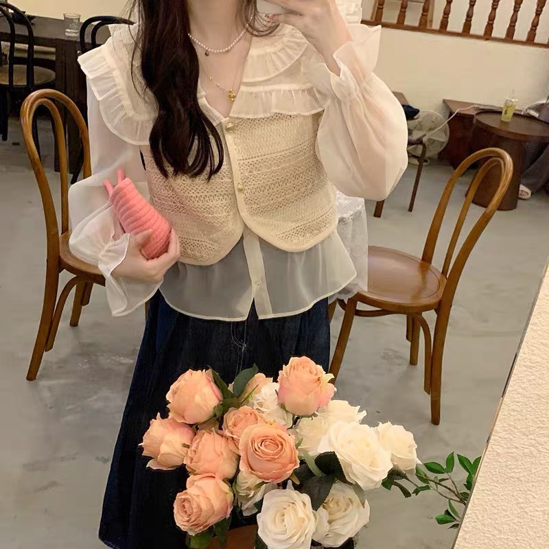 Áo sơ mi voan dài tay bồng be phối gile len YLY sơ mi chiffon cổ bèo tay phồng mix gi-le Hàn Quốc C2011