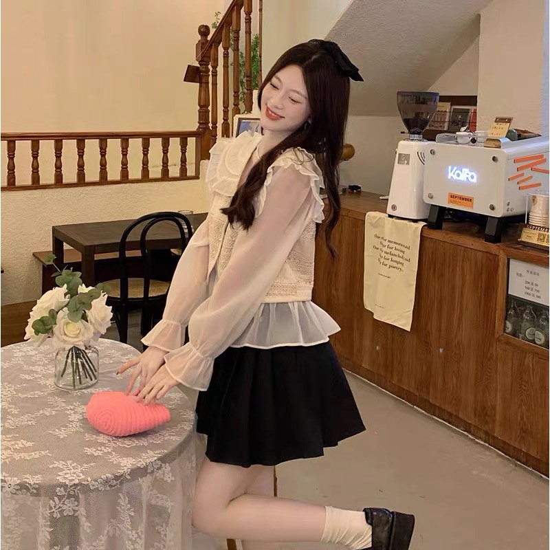 Áo sơ mi voan dài tay bồng be phối gile len YLY sơ mi chiffon cổ bèo tay phồng mix gi-le Hàn Quốc C2011