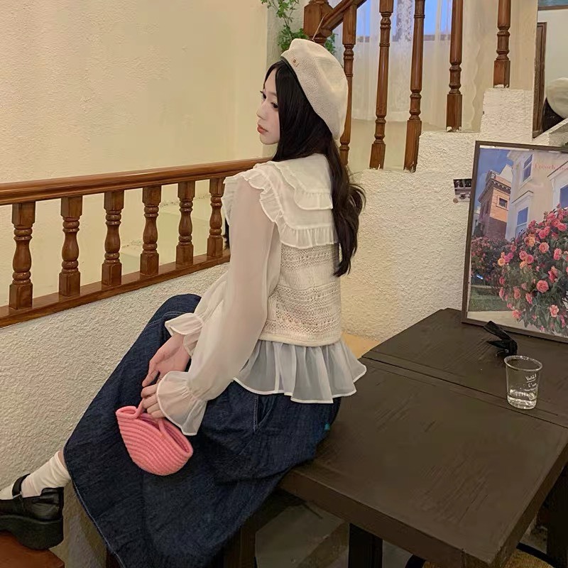 Áo sơ mi voan dài tay bồng be phối gile len YLY sơ mi chiffon cổ bèo tay phồng mix gi-le Hàn Quốc C2011