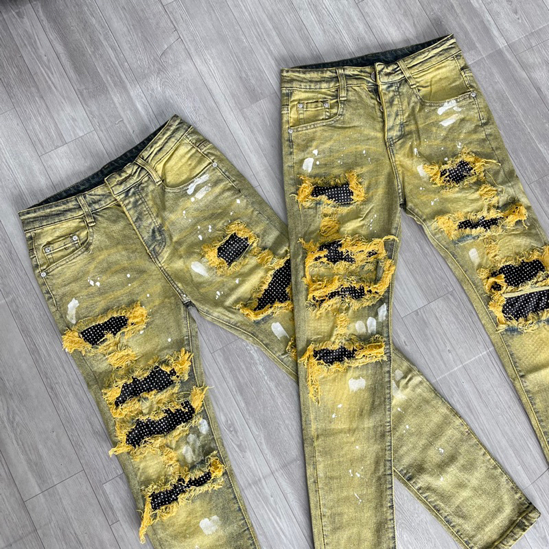 Quần xanh vá đen đính đá nhỏ rách xù chỉ rêu,quần jean amiri đính đá chấm sơn trắng 4 khuy phong cách boy phố