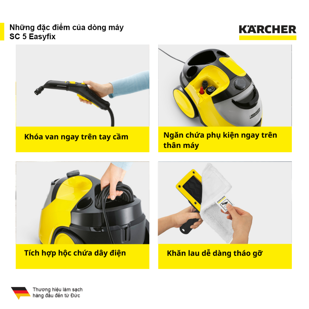 (Sản xuất Đức) Máy làm sạch bằng hơi nước Karcher SC 5 Easyfix EU công suất nhiệt 2200w với hiệu quả làm sạch 150 m2