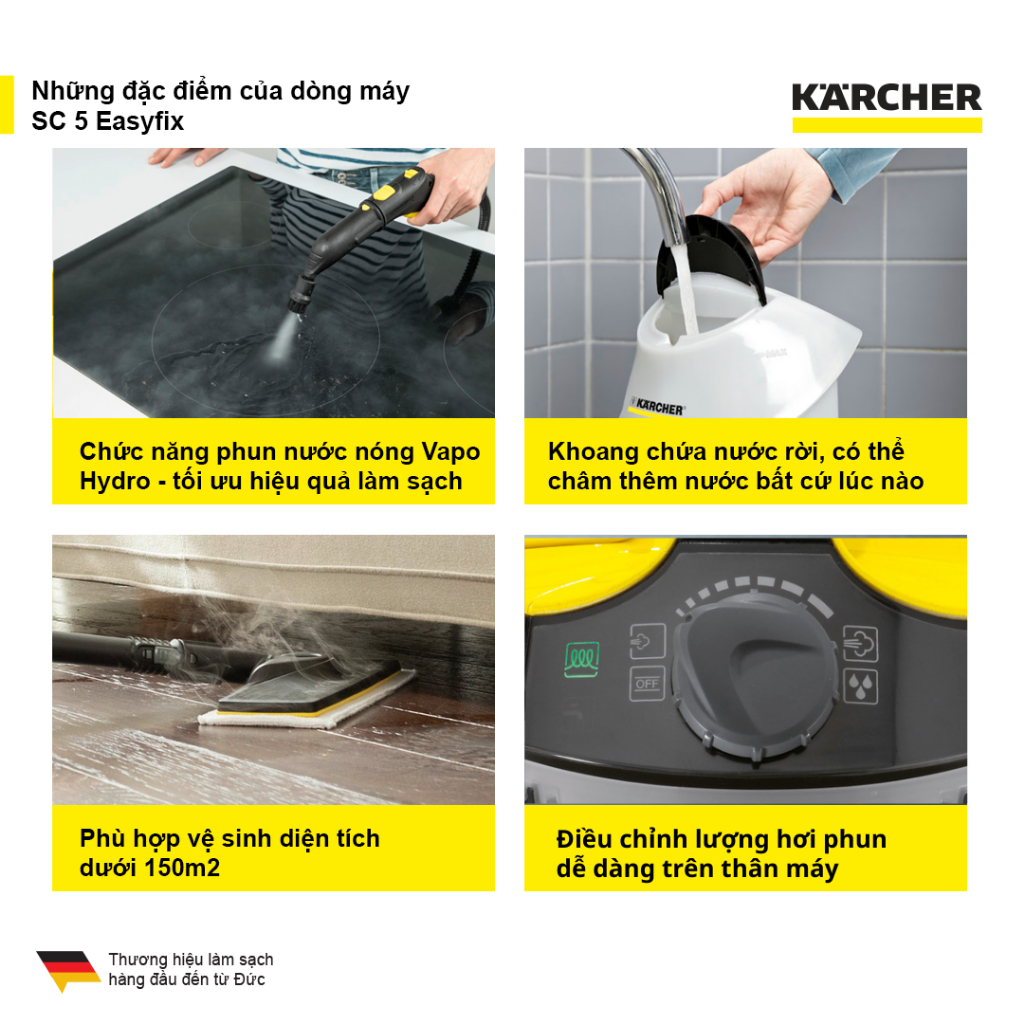 (Sản xuất Đức) Máy làm sạch bằng hơi nước Karcher SC 5 Easyfix EU công suất nhiệt 2200w với hiệu quả làm sạch 150 m2