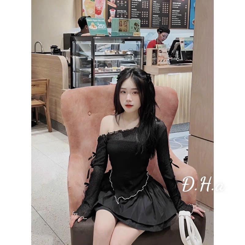 SET ÁO TD LỆCH VAI ĐÍNH NƠ KÈM CHÂN VÁY BIGSIZE