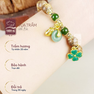 Vòng Tay Trầm Hương Nữ Đồng Điếu, Cỏ 4 Lá, Trầm Hương Trầm Kệ - Mang Bình An, May Mắn, Tài Lộc Cho Người Đeo