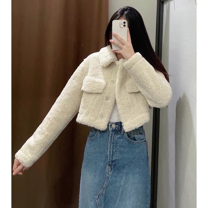 Áo khoác lông cừu dáng croptop