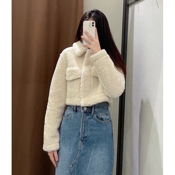 Áo khoác lông cừu dáng croptop