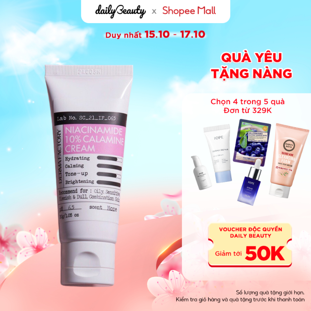 Kem dưỡng trắng Derma Factory Niacinamide 10% Calamine Cream 30g Daily Beauty Official