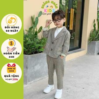 Bộ vest dạ kẻ phong cách Hàn Quốc cho bé trai, set  complet dạ, com lê sành điệu cho bé trai