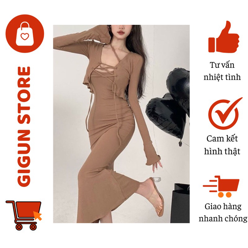 Set đầm ôm cổ kiểu + khoác đan dây