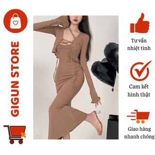 Set đầm ôm cổ kiểu + khoác đan dây