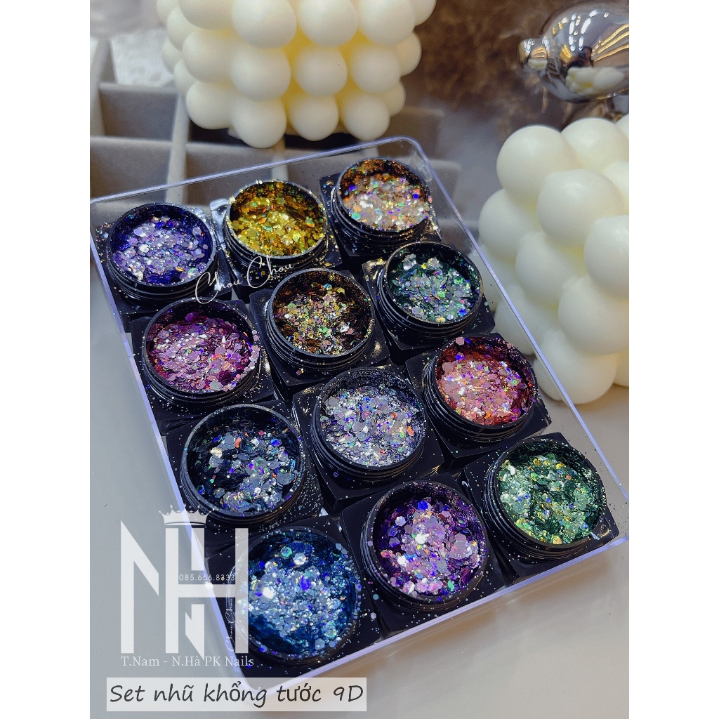 Set nhũ 12 màu siêu sáng,nhũ khổng tước 9D, nhũ ẩn gel cao cấp set nhũ trang trí móng cao cấp, phụ kiện nail chính hãng