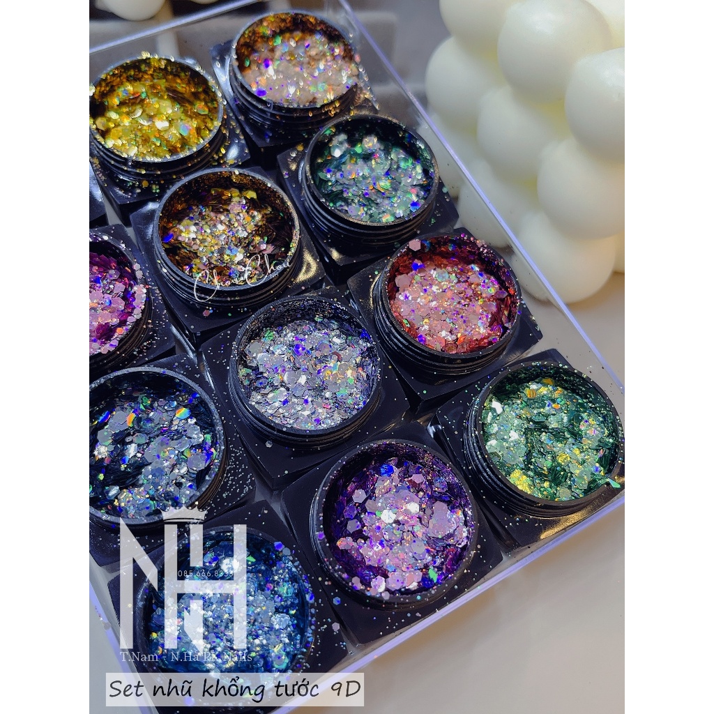 Set nhũ 12 màu siêu sáng,nhũ khổng tước 9D, nhũ ẩn gel cao cấp set nhũ trang trí móng cao cấp, phụ kiện nail chính hãng