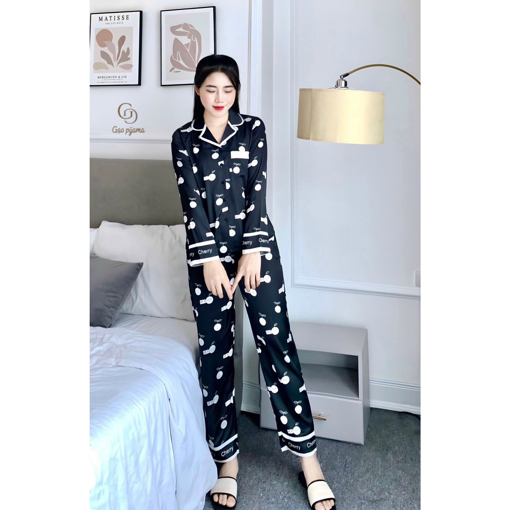 Bộ pijama nữ áo dài quần dài họa tiết cherry chất lụa tơ cao cấp nhiều màu Xumaki Store