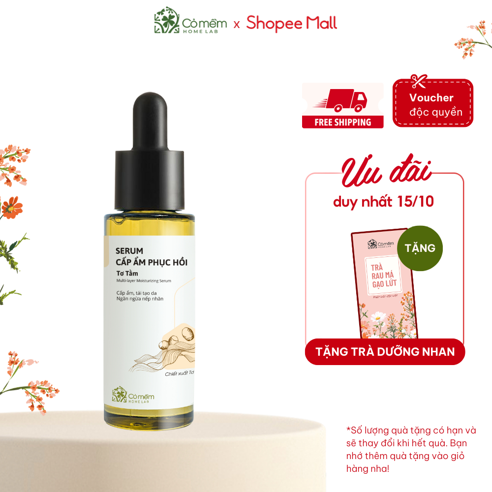 Serum Cấp Ẩm Phục Hồi Da Thu Nhỏ Lỗ Chân Lông Ngăn Ngừa Lão Hoá Da Tơ Tằm An Toàn Cho Bà Bầu Cỏ Mềm 30ml