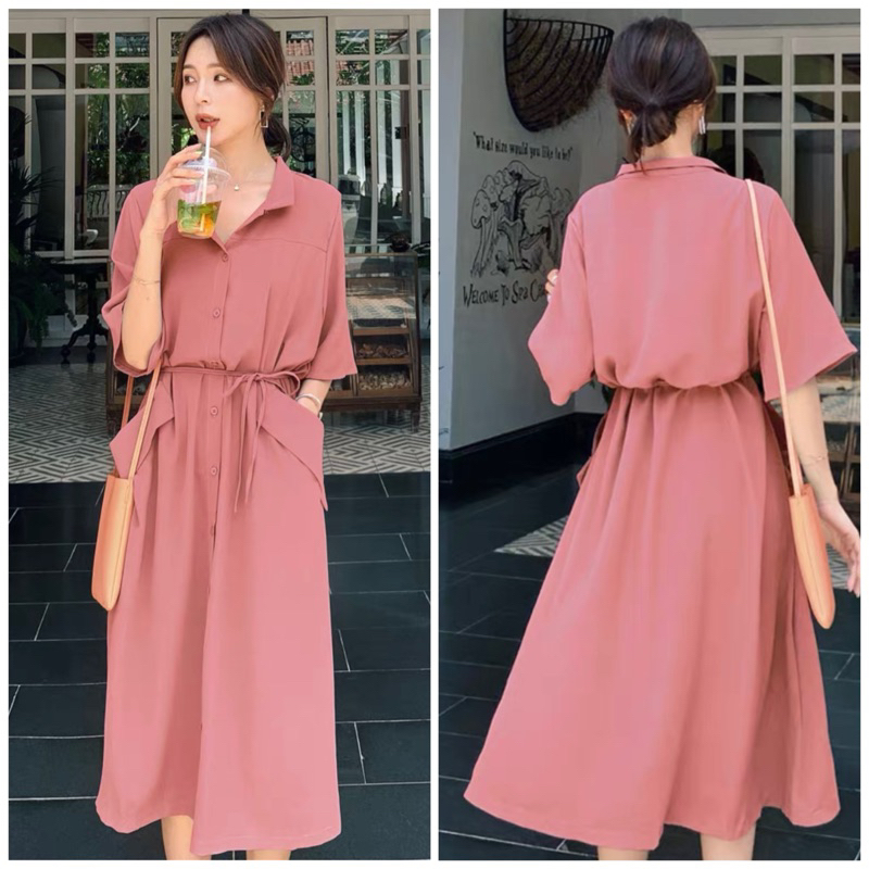 Đầm hồng ruốc phối túi kiểu