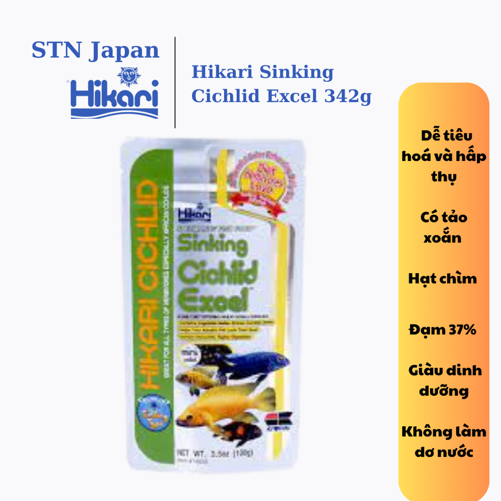 Thức ăn cá Ali hạt chìm, giàu tảo xoắn Hikari Sinking Cichlid Excel 342g