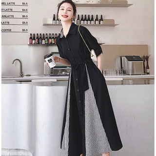 Đầm midi caro phối đen xoè form dài, váy công sở, váy dạo phố, phong cách hàn quốc
