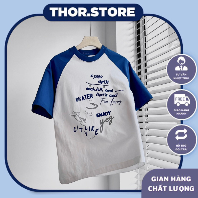 Áo thun raglan unisex in hình Yes 240gsm màu trắng tay xanh