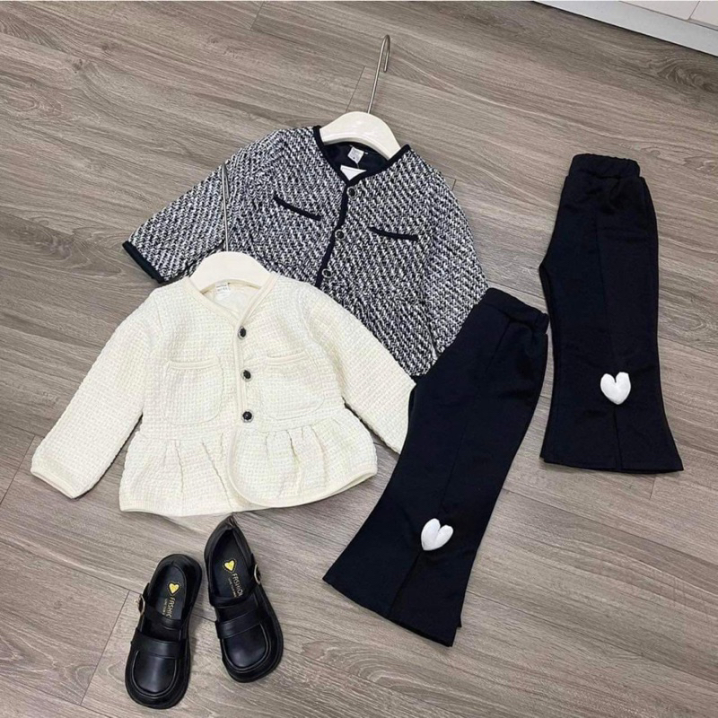 Bộ bé gái,Sét áo dạ babydoll + quần loe tim 10 đến 30kg