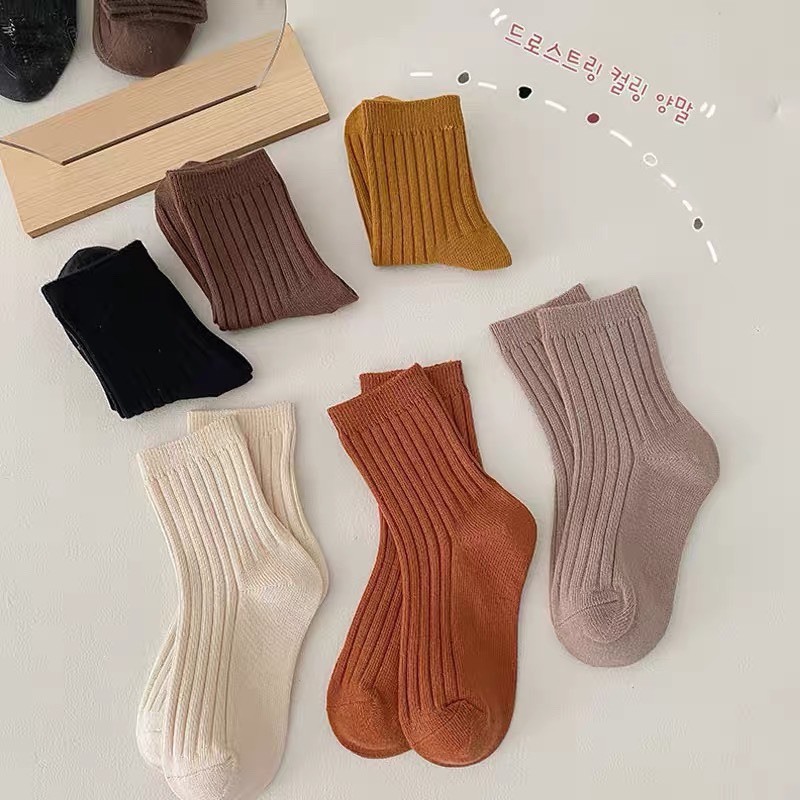 Set 5 Đôi Tất Len Gân Tăm Cổ Cao màu vintage Cho Các Bé Siêu Dễ ThươngTE11