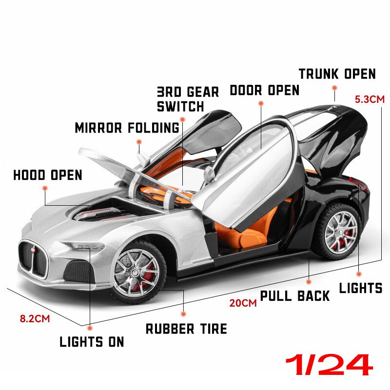 Mô hình đồ chơi tĩnh kim loại siêu xe ô tô Bugatti Atlantic tỉ lệ 1:24 hãng Chezi có đèn Led , còi và âm thanh đầy đủ