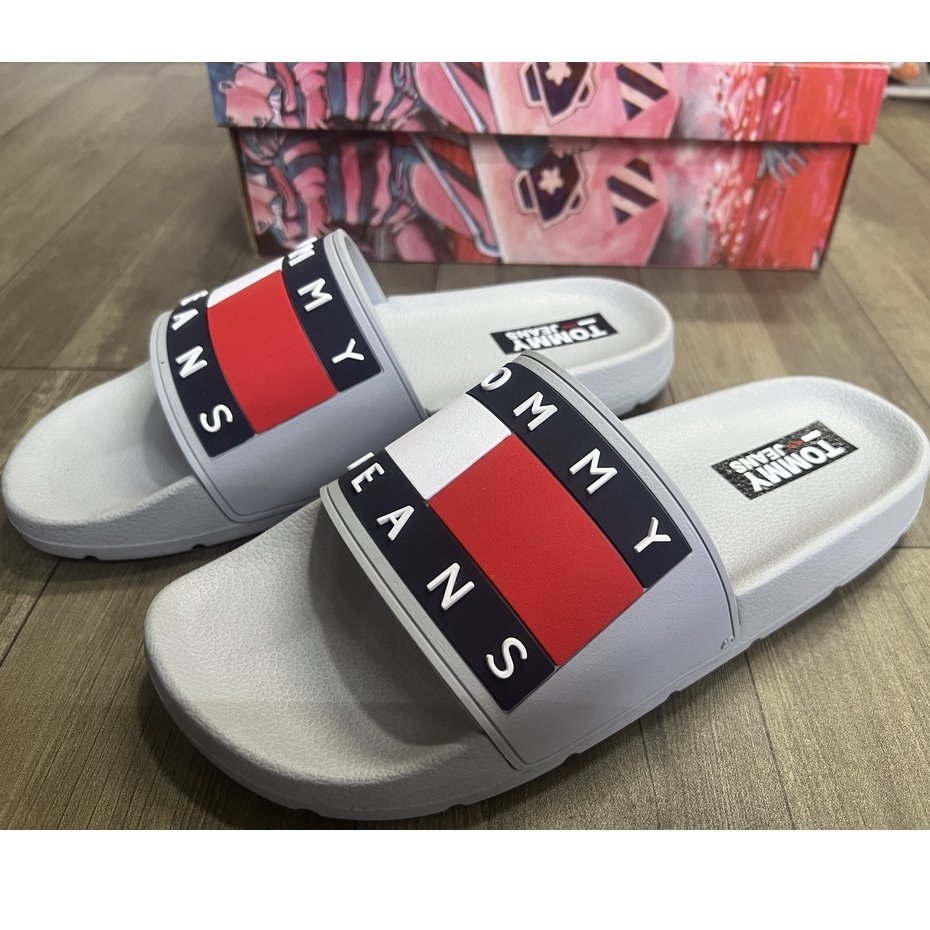 Dép quai ngang tommy đế pu chống nước đi siêu êm siêu thích vạch đỏ trắng siêu hot