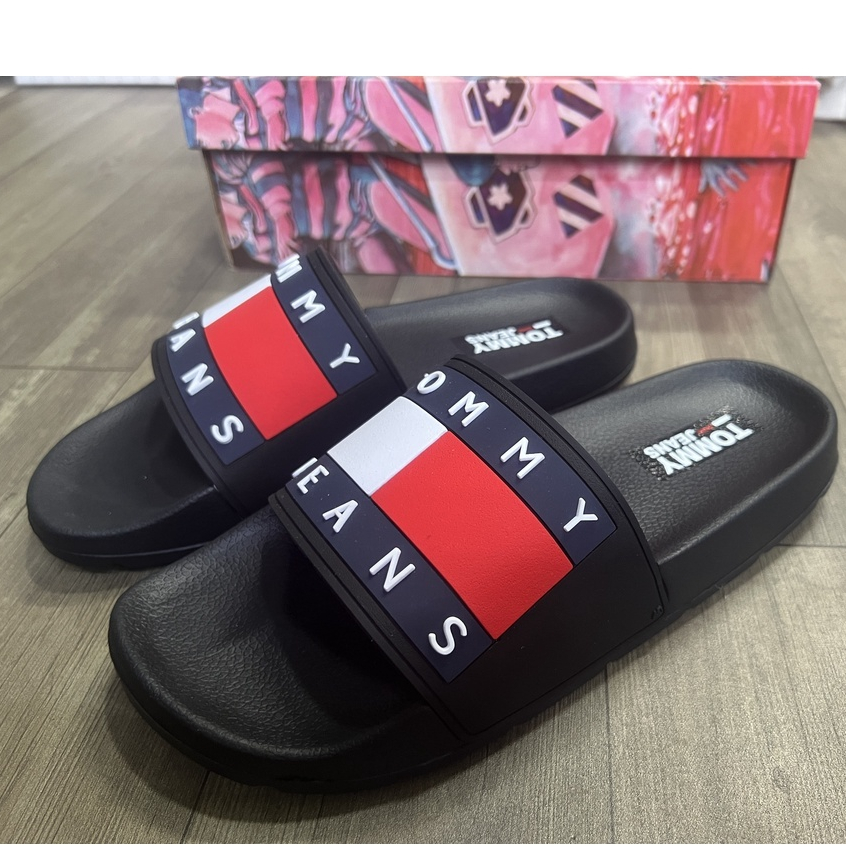 Dép quai ngang tommy đế pu chống nước đi siêu êm siêu thích vạch đỏ trắng siêu hot