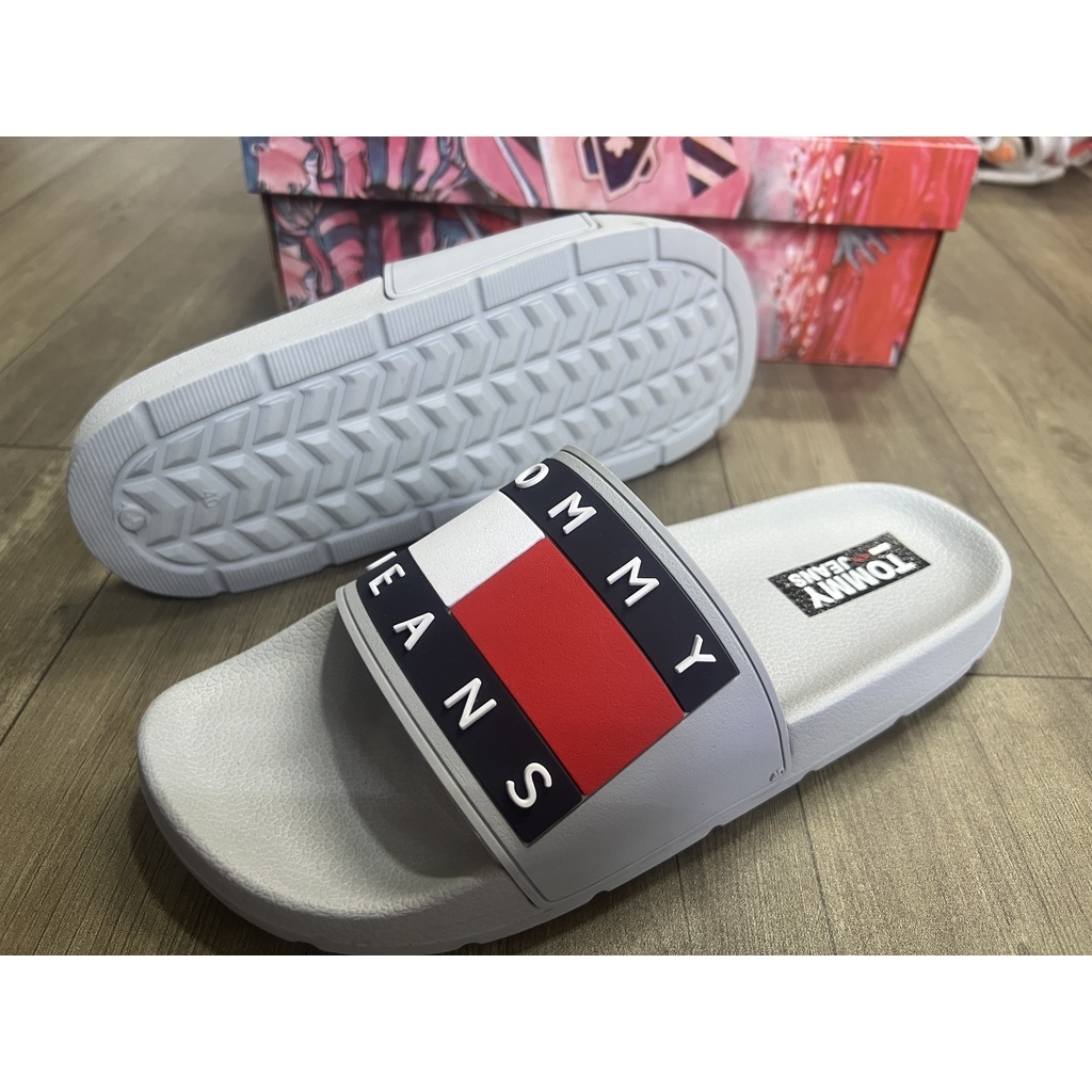Dép quai ngang tommy đế pu chống nước đi siêu êm siêu thích vạch đỏ trắng siêu hot