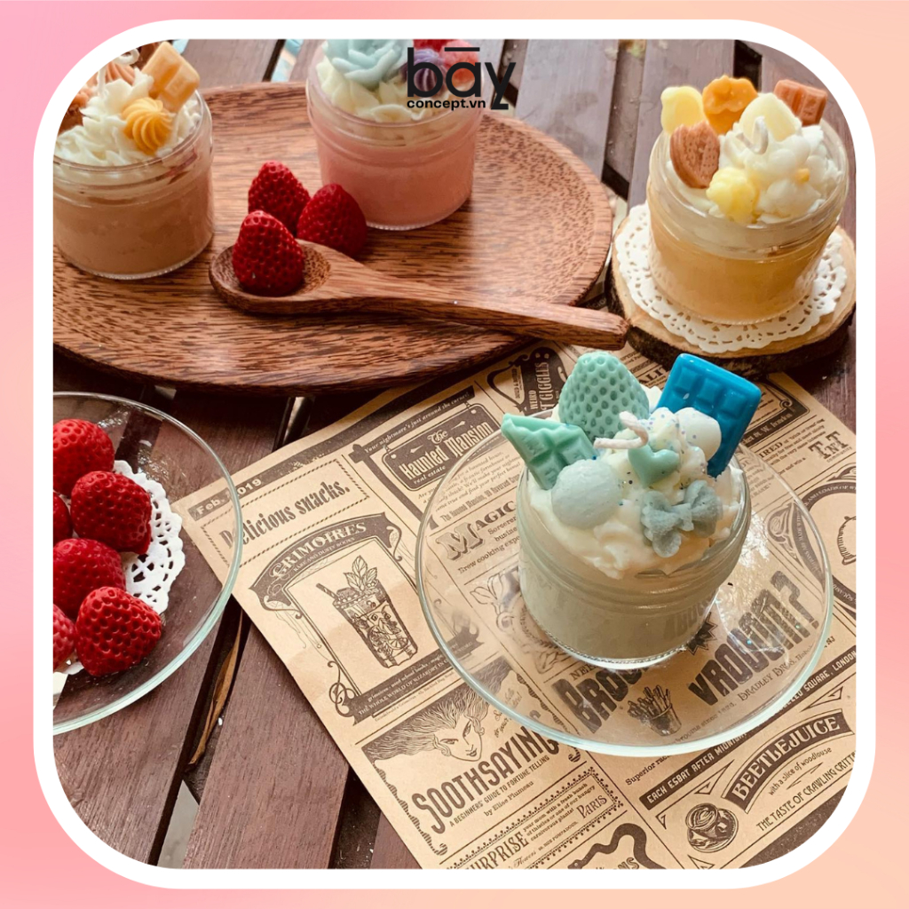 Nến thơm tạo hình hũ pudding kem  tinh dầu nhập khẩu Mỹ, khử mùi thư giãn an toàn