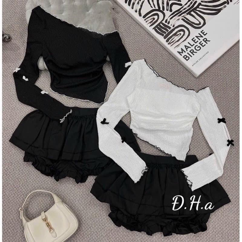 SET ÁO TD LỆCH VAI ĐÍNH NƠ KÈM CHÂN VÁY BIGSIZE