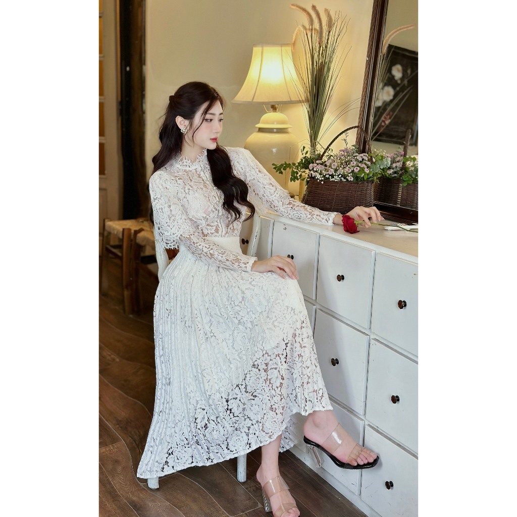 Đầm Ren Thiết Kế MAY CH119 Đính Tag Đá - Set Váy Ren Thiết Kế Sang Trọng Chuẩn MAY