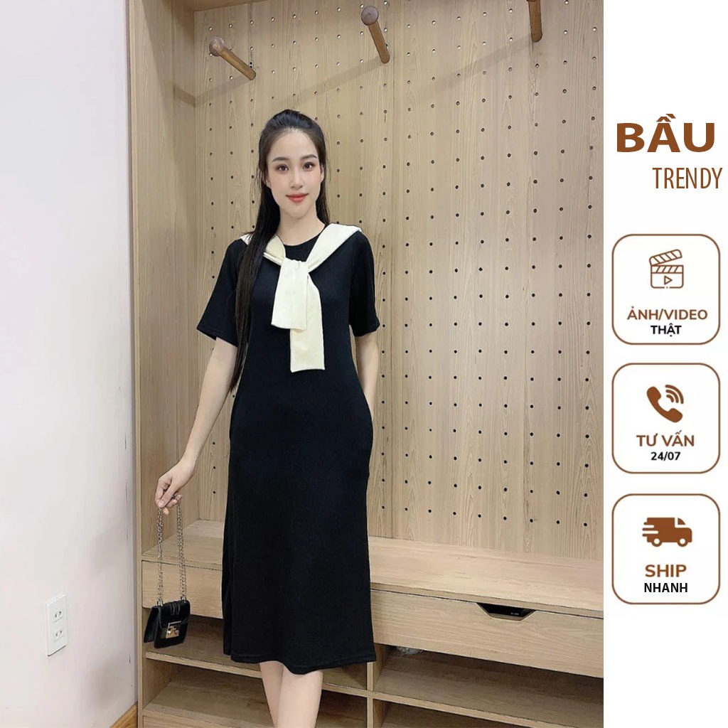VÁY ĐẦM THU ĐÔNG DÁNG SUÔNG DÀI  ĐẦM BẦU LEN THIẾT KẾ CỔ PHỐI KHĂN ĐIỆU ĐÀ ĐẦM BẦU CÔNG SỞ FREESIZE