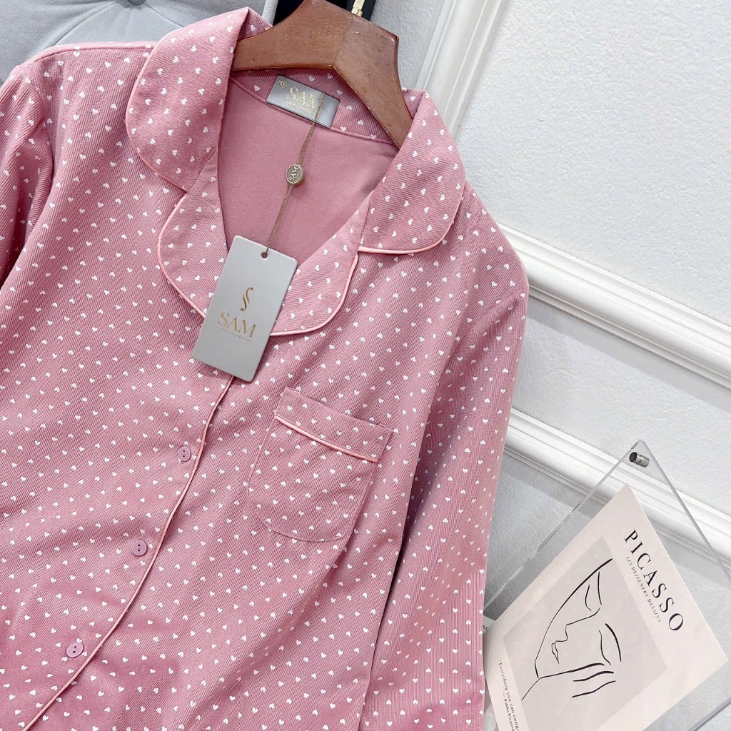 Bộ pijama nữ áo dài quần dài họa tiết trái tim nhỏ chất nhung tăm Xumaki Store